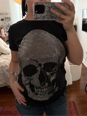 Black Tee with Rhinestone Skull with Cut-out back and sleeves